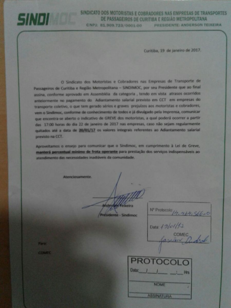 Já na quinta-feira, dia 19 de janeiro, Sindimoc informou empresas e gestores que haveria greve caso não vale salarial atrasasse.